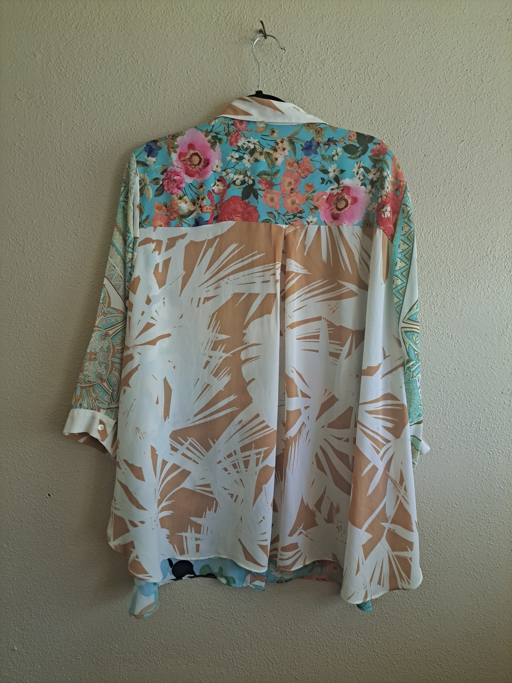Silky Turquoise Mixed-Print Button-Up Blouse - Picture 8 of 10